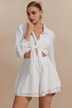 MICAS Short Sets-Solid Long-Sleeve Shirt And Ruffle Short Set WHITE