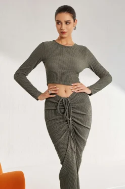 MICAS Skirt Sets-Solid Long-Sleeve Top And Drawstring Skirt Set GRAY