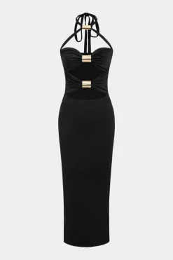 MICAS Maxi Dresses-Solid Metallic Cut Out Halter Tie Back Maxi Dress BLACK