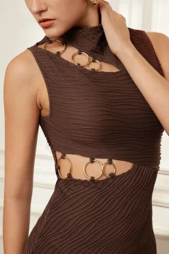 MICAS Midi Dresses-Solid Metallic Tank Cut Out Asymmetrical Midi Dress COFFEE