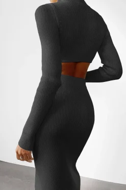 MICAS Vacation Sets|Knit Sets-Solid Mock Neck Ribbed Knit Crop Top And Slit Skirt Set BLACK