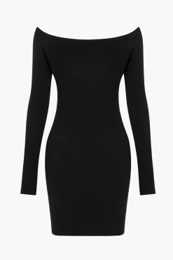 MICAS Long Sleeve Dresses|Mini Dresses-Solid Off Shoulder Button Round Neck Cut Out Mini Dress BLACK