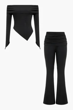 MICAS Pant Sets-Solid Off Shoulder Top And Trouser Set