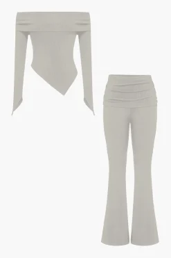 MICAS Pant Sets-Solid Off Shoulder Top And Trouser Set