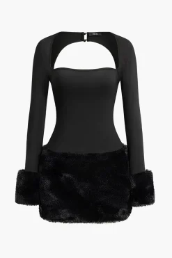 MICAS Long Sleeve Dresses|Mini Dresses-Solid Patchwork Mini Dress BLACK