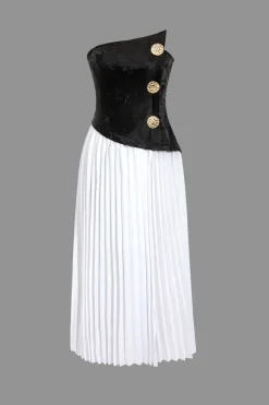 MICAS Maxi Dresses-Solid Patchwork Pleated Asymmetrical Maxi Dress OPTICAL WHITE