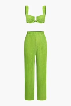MICAS Pant Sets-Solid Pleated Crop Bustier Top And Trousers Set LIME