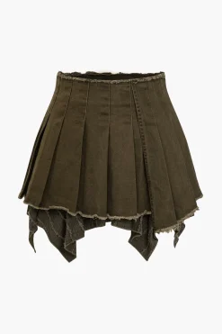 MICAS Skirts-Solid Pleated Denim Mini Skirt KHAKI