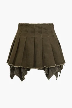 MICAS Skirts-Solid Pleated Denim Mini Skirt KHAKI