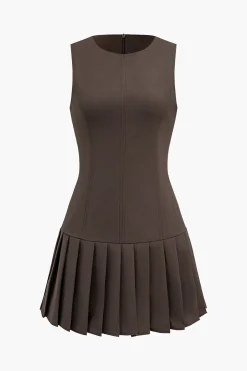 MICAS Mini Dresses-Solid Pleated Mini Dress BROWN