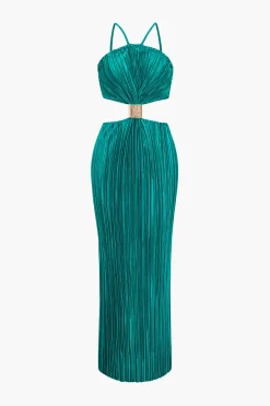 MICAS Maxi Dresses-Solid Pleated Slit Maxi Dress