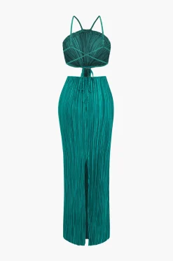 MICAS Maxi Dresses-Solid Pleated Slit Maxi Dress