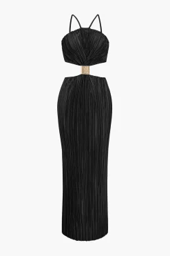 MICAS Maxi Dresses-Solid Pleated Slit Maxi Dress