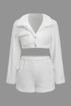 MICAS Short Sets-Solid Plush Button Pocket Shirt And Shorts Set WHITE