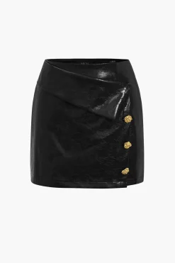 MICAS Skirts-Solid Pu Button Asymmetrical Skirt