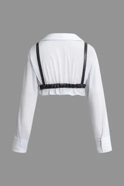 MICAS Long Sleeve Tops|Long Sleeves Tops-Solid Pu Patchwork Color Block Long-Sleeve Shirt BLACK