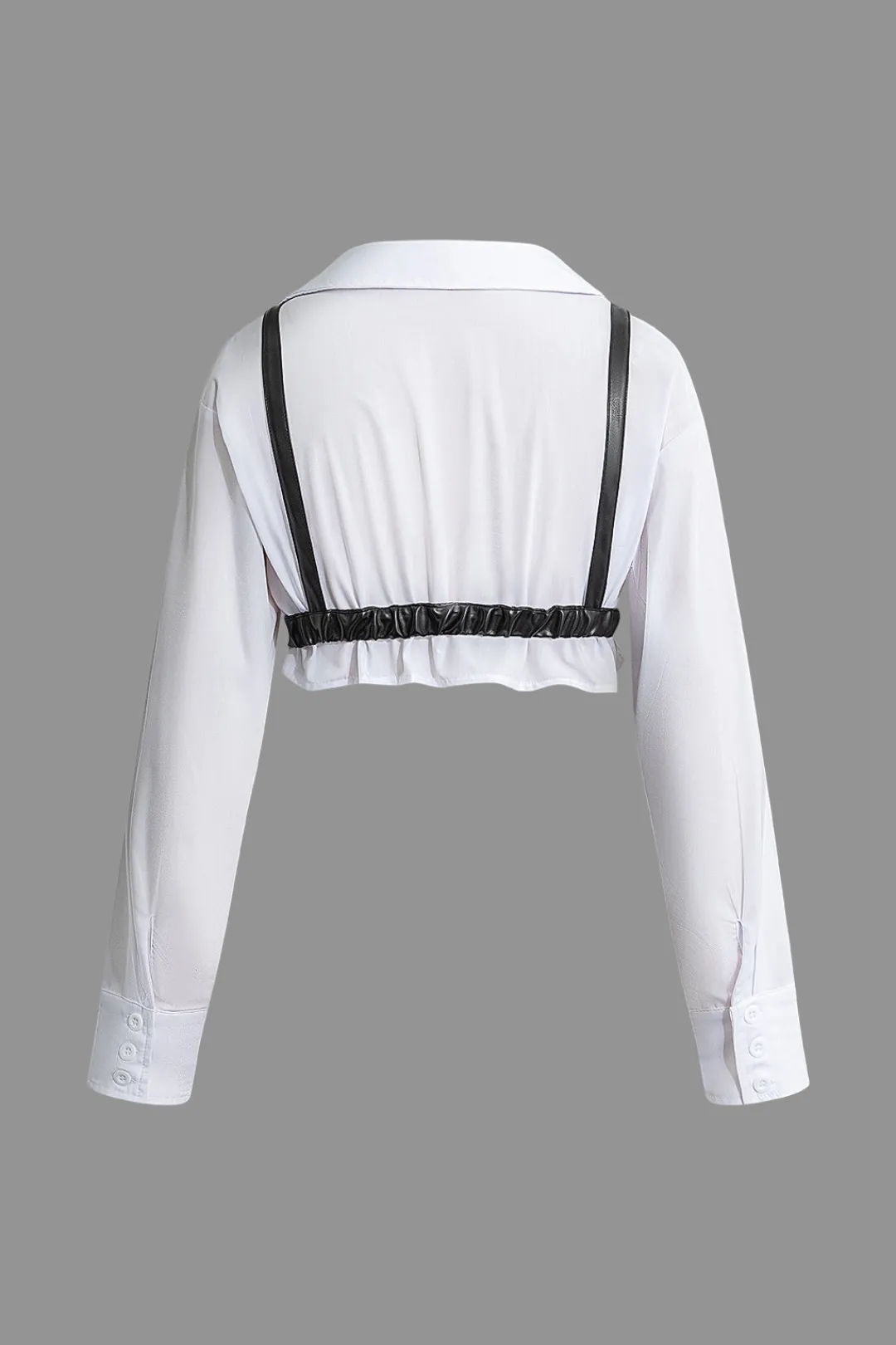 MICAS Long Sleeve Tops|Long Sleeves Tops-Solid Pu Patchwork Color Block Long-Sleeve Shirt BLACK