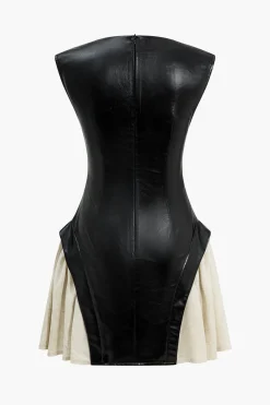 MICAS Mini Dresses-Solid Pu Patchwork Ruched Zipper Mini Dress