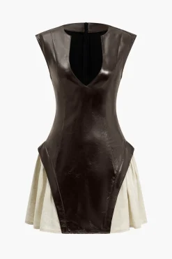 MICAS Mini Dresses-Solid Pu Patchwork Ruched Zipper Mini Dress