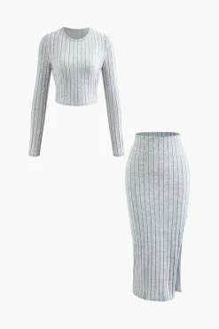 MICAS Knitwear|Knit Sets-Solid Rib Knit Round Neck Long Sleeve Top And Slit Skirt Set PEARL RIVER