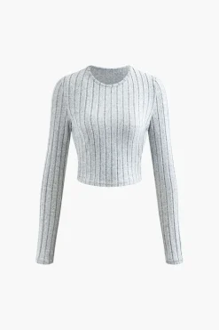 MICAS Knitwear|Knit Sets-Solid Rib Knit Round Neck Long Sleeve Top And Slit Skirt Set PEARL RIVER