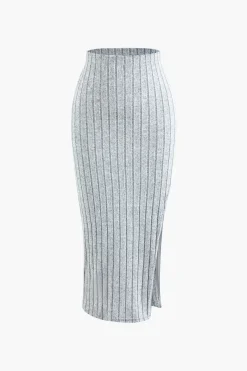 MICAS Knitwear|Knit Sets-Solid Rib Knit Round Neck Long Sleeve Top And Slit Skirt Set PEARL RIVER