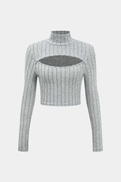 MICAS Skirt Sets-Solid Ribbed Long Sleeve Cut Out Top And Skirt Set LIGHT GRAY