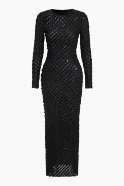 MICAS Long Sleeve Dresses|Maxi Dresses-Solid Round Neck Long Sleeve Maxi Dress BLACK