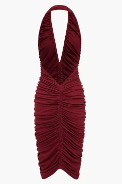 MICAS Midi Dresses-Solid Ruched Backless V-neck Midi Dress BURGUNDY