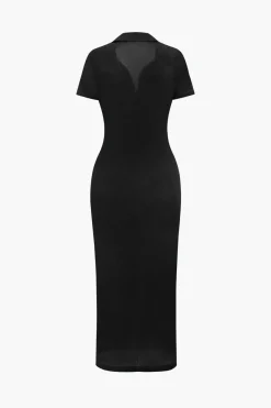 MICAS Long Sleeve Dresses|Midi Dresses-Solid Ruched Button Up Collar Midi Dress BLUE