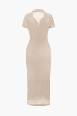 MICAS Long Sleeve Dresses|Midi Dresses-Solid Ruched Button Up Collar Midi Dress BLUE