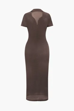 MICAS Long Sleeve Dresses|Midi Dresses-Solid Ruched Button Up Collar Midi Dress BLUE