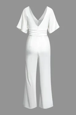 MICAS Jumpsuits & Rompers-Solid Ruched Deep V Jumpsuit WHITE