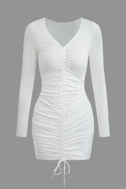 MICAS Long Sleeve Dresses|Mini Dresses-Solid Ruched Drawstring Mini Dress WHITE