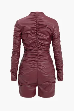 MICAS Jumpsuits & Rompers-Solid Ruched High Elastic Leather Romper BURGUNDY