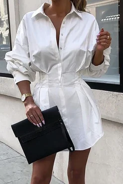 MICAS Long Sleeve Dresses|Mini Dresses-Solid Ruched Long Sleeve Mini Dress WHITE