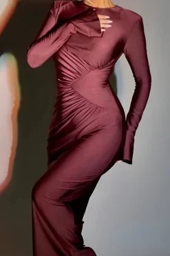 MICAS Long Sleeve Dresses|Maxi Dresses-Solid Ruched Long-Sleeve Maxi Dress BURGUNDY