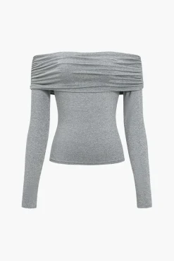 MICAS Long Sleeve Tops|Long Sleeves Tops-Solid Ruched Off Shoulder Long-Sleeve Top LIGHT GRAY