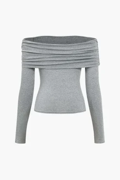 MICAS Long Sleeve Tops|Long Sleeves Tops-Solid Ruched Off Shoulder Long-Sleeve Top LIGHT GRAY