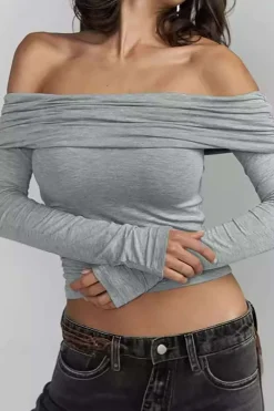 MICAS Long Sleeve Tops|Long Sleeves Tops-Solid Ruched Off Shoulder Long-Sleeve Top LIGHT GRAY