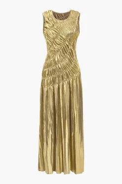 MICAS Maxi Dresses-Solid Ruched Shiny Maxi Dress GOLD