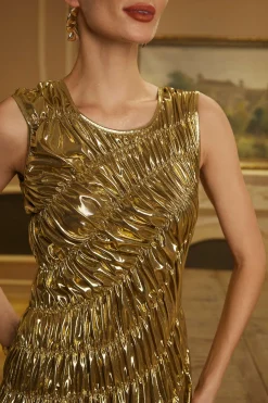 MICAS Maxi Dresses-Solid Ruched Shiny Maxi Dress GOLD