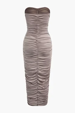 MICAS Midi Dresses-Solid Ruched Strapless Midi Dress PALE MAUVE