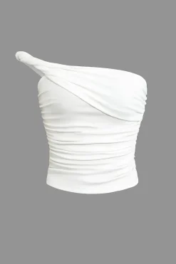 MICAS Tube Tops-Solid Ruched Twisted Crop Tube Top WHITE