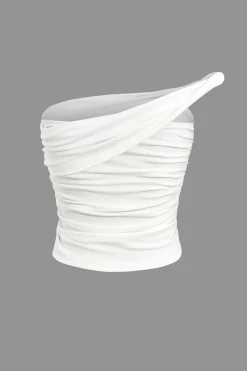 MICAS Tube Tops-Solid Ruched Twisted Crop Tube Top WHITE