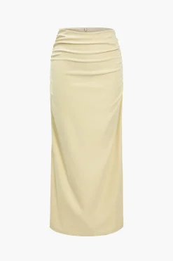 MICAS Skirt Sets-Solid Ruched V-neck Top And Skirt Set WHEAT