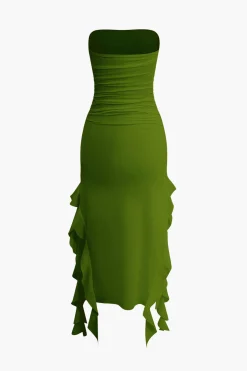 MICAS Midi Dresses-Solid Ruffle Hem Ruched Tube Maxi Dress