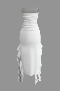 MICAS Midi Dresses-Solid Ruffle Hem Ruched Tube Maxi Dress