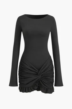 MICAS Long Sleeve Dresses|Mini Dresses-Solid Ruffle Ruched Twist Long Sleeve Mini Dress
