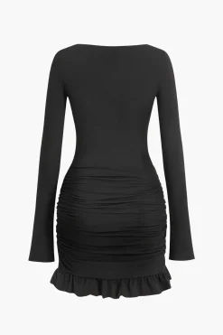 MICAS Long Sleeve Dresses|Mini Dresses-Solid Ruffle Ruched Twist Long Sleeve Mini Dress